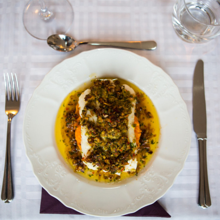 Pistachio covered cod with sweet potatoes puree and burned butter