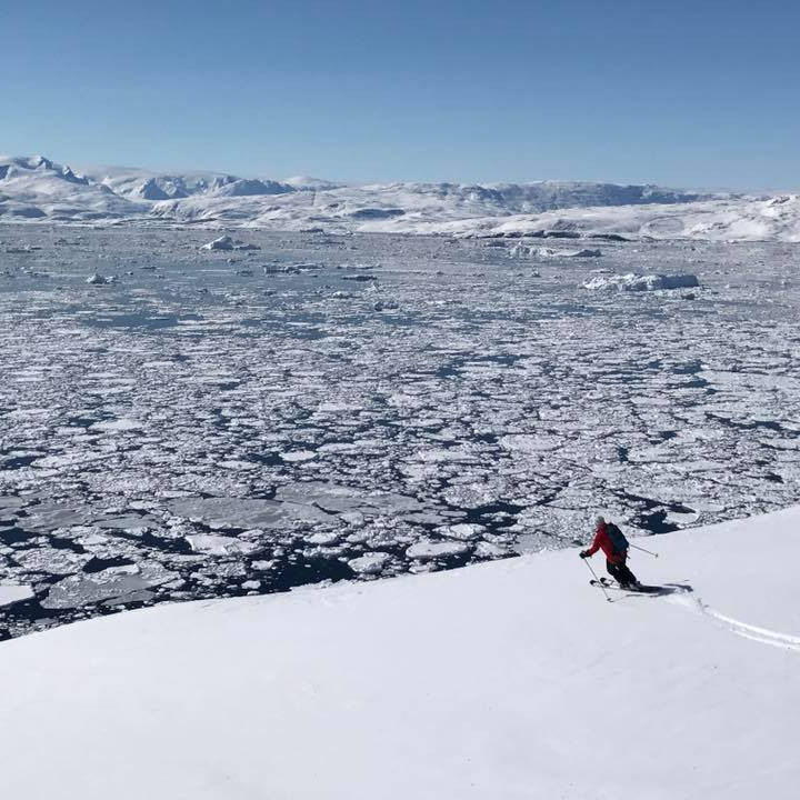 Heli skier carves smooth turns on great spring snow on the east coast of Greenland skiing all the way down to the ocean to the waiting helicopter.
