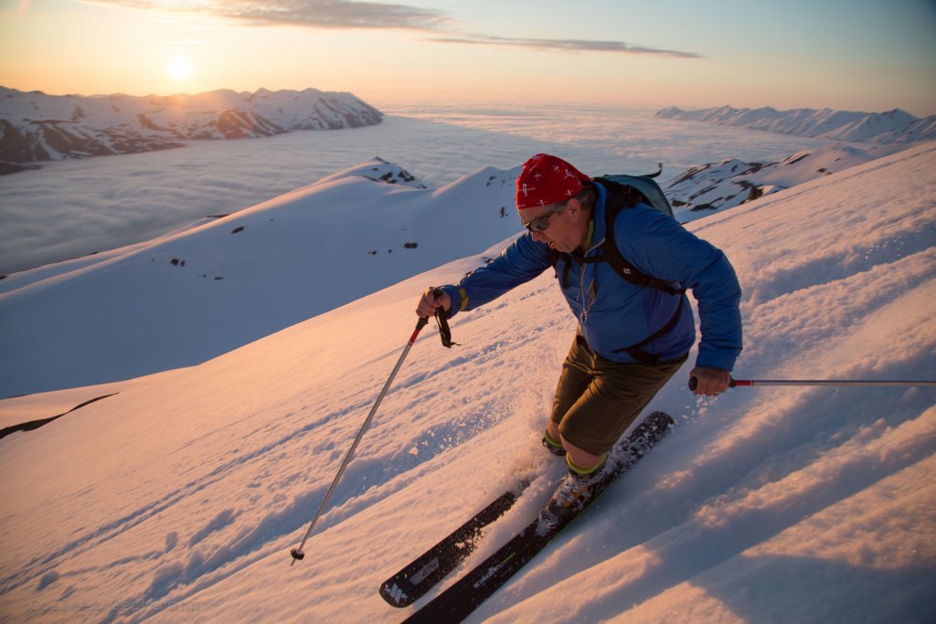 Heli Skiing in the Midnight Sun with Arctic Heli Skiing. ©Colleen Gentemann