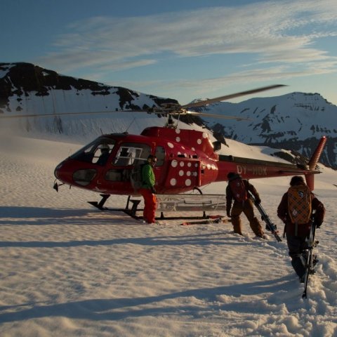 Heli Skiing in the Midnight Sun with Arctic Heli Skiing. ©Colleen Gentemann