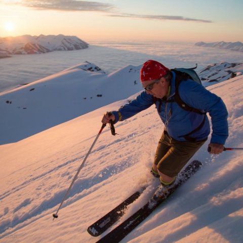 Heli Skiing in the Midnight Sun with Arctic Heli Skiing. ©Colleen Gentemann