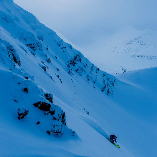 Andreas Fransson skiing powder at Skidadalur, Troll Peninsula, Iceland ©Mattias Fredriksson