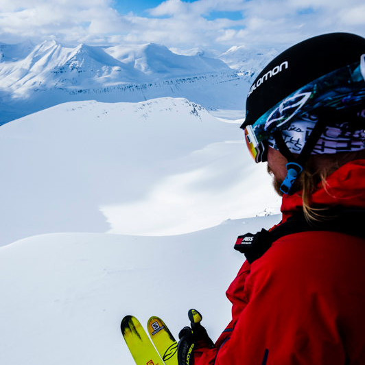 Mark Abma scouting his next line in Skidadalur, Troll Peninsula, Iceland. ©Mattias Fredriksson