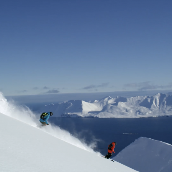 Victor Major and Baker Boyd enjoying March powder on the Troll Peninsula