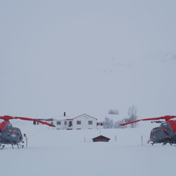 Helicopters tied down for the storm